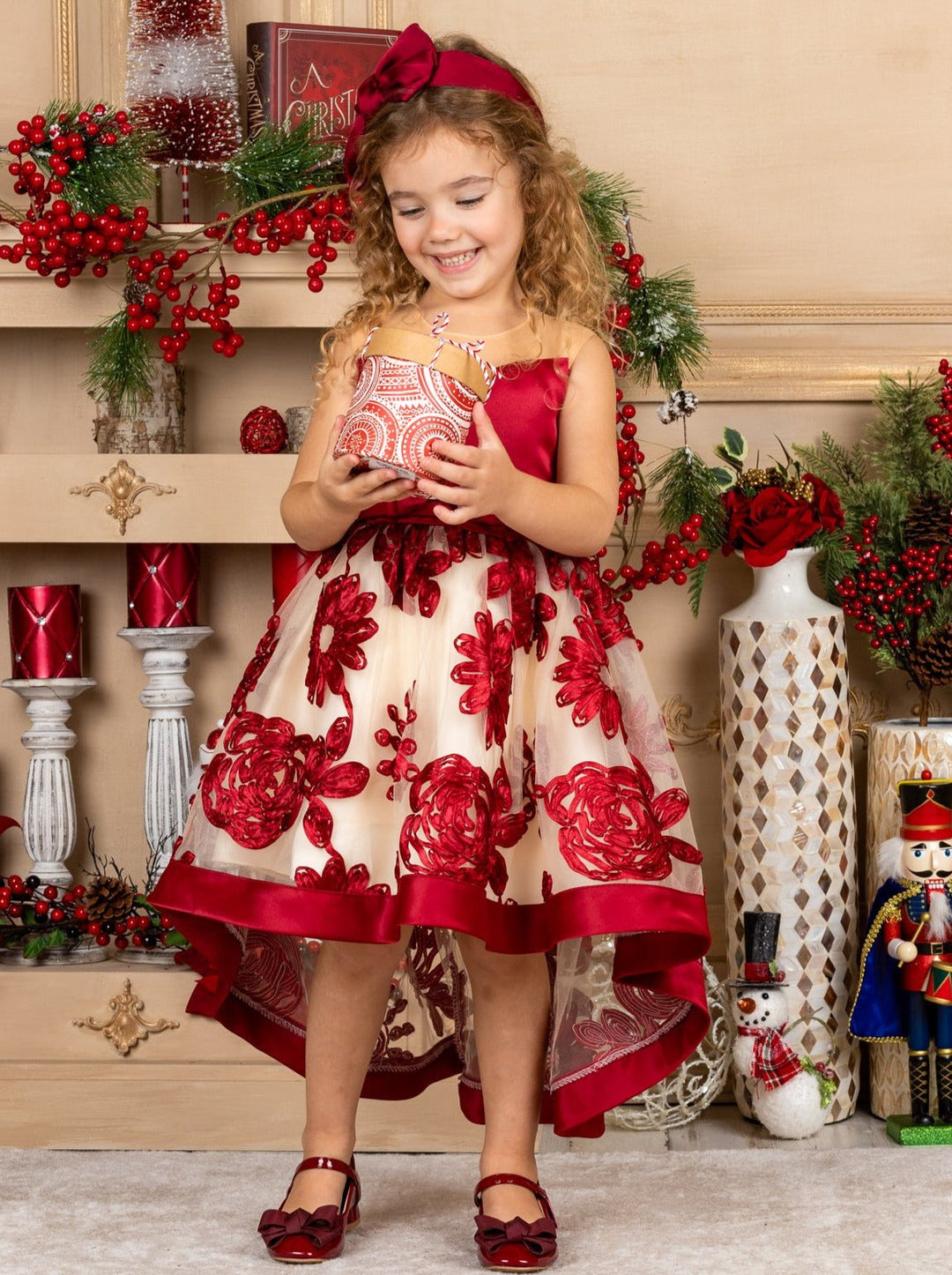Sheer Collar Red Embroidered Hi-Lo Dress Red / 6Y Sheer Collar Red Embroidered Hi-Lo Dress Red / 6Y