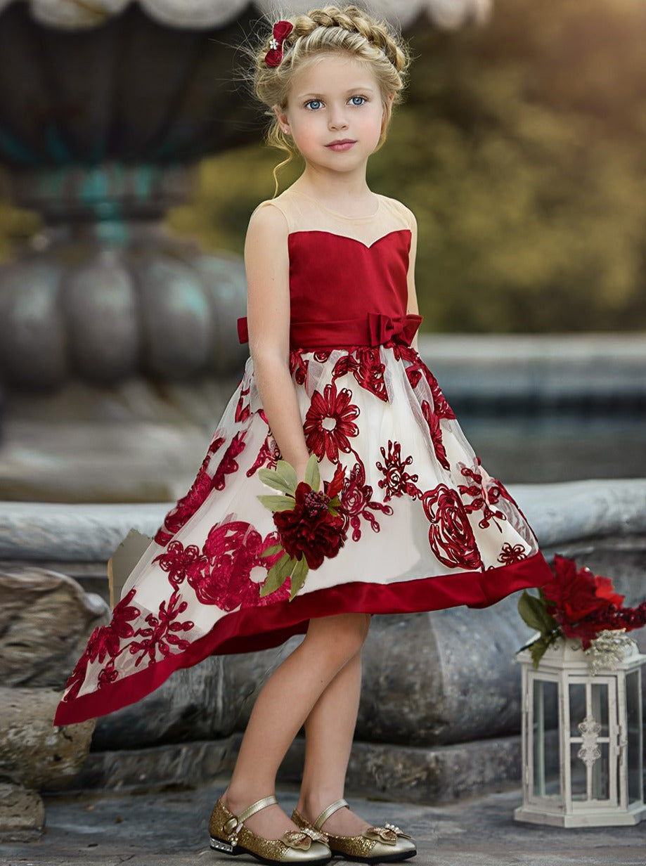 Sheer Collar Red Embroidered Hi-Lo Dress Red / 6Y Sheer Collar Red Embroidered Hi-Lo Dress Red / 6Y