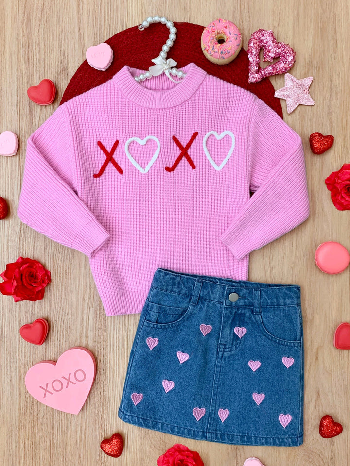 XOXO Embroidered Pink Sweater and Denim Skirt Set
