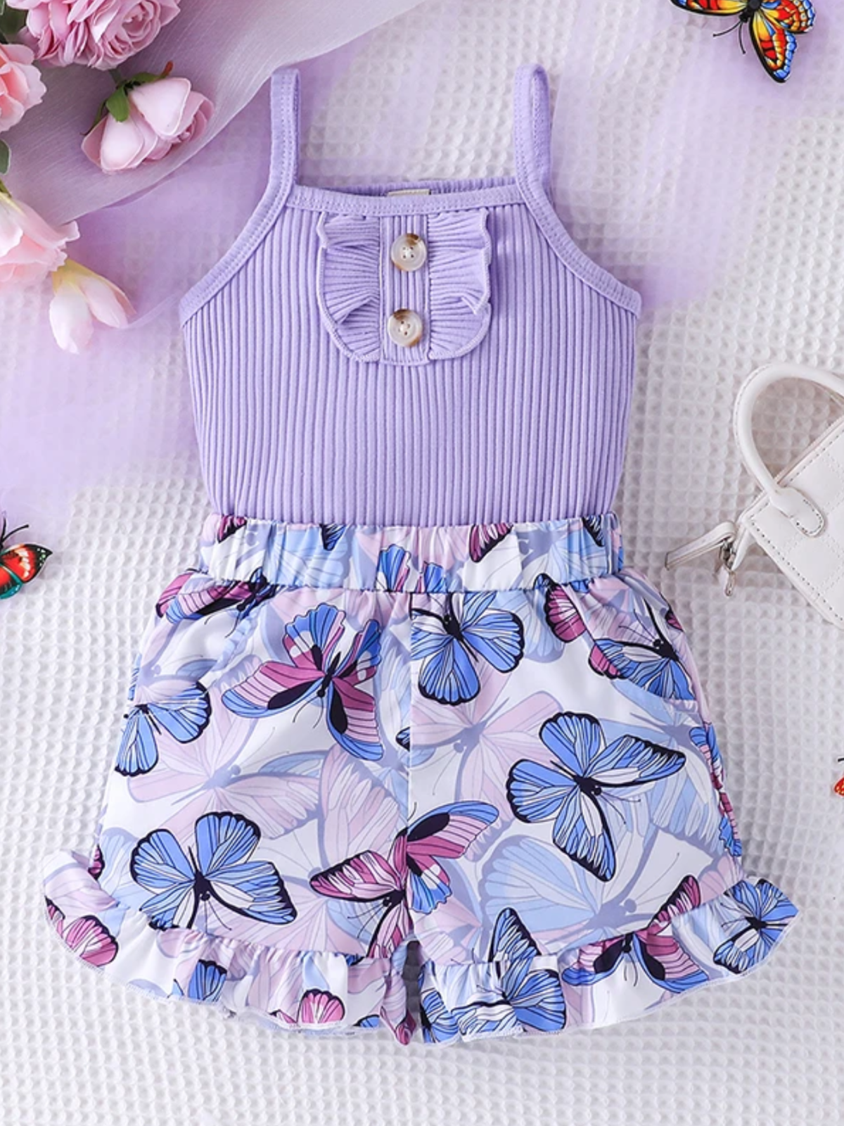 Flutter Free Purple Top And Butterfly Ruffle Shorts Set
