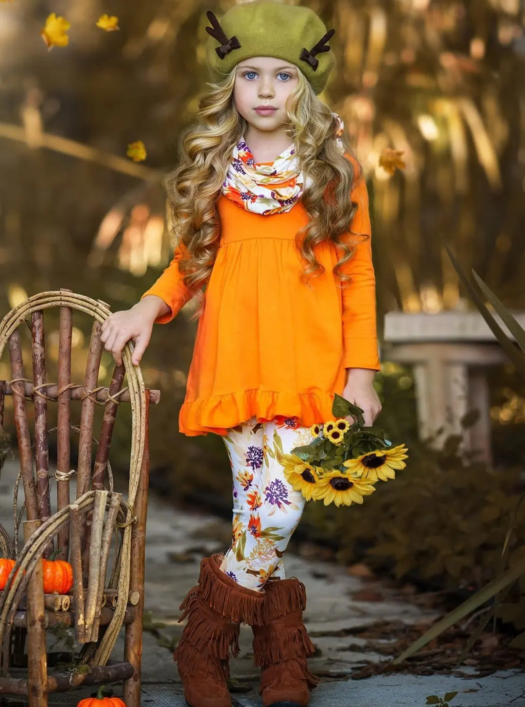 Fancy Fall Florals Tunic, Leggings and Scarf Set Mia Belle Girls Fancy Fall Florals Tunic, Leggings and Scarf Set Mia Belle Girls