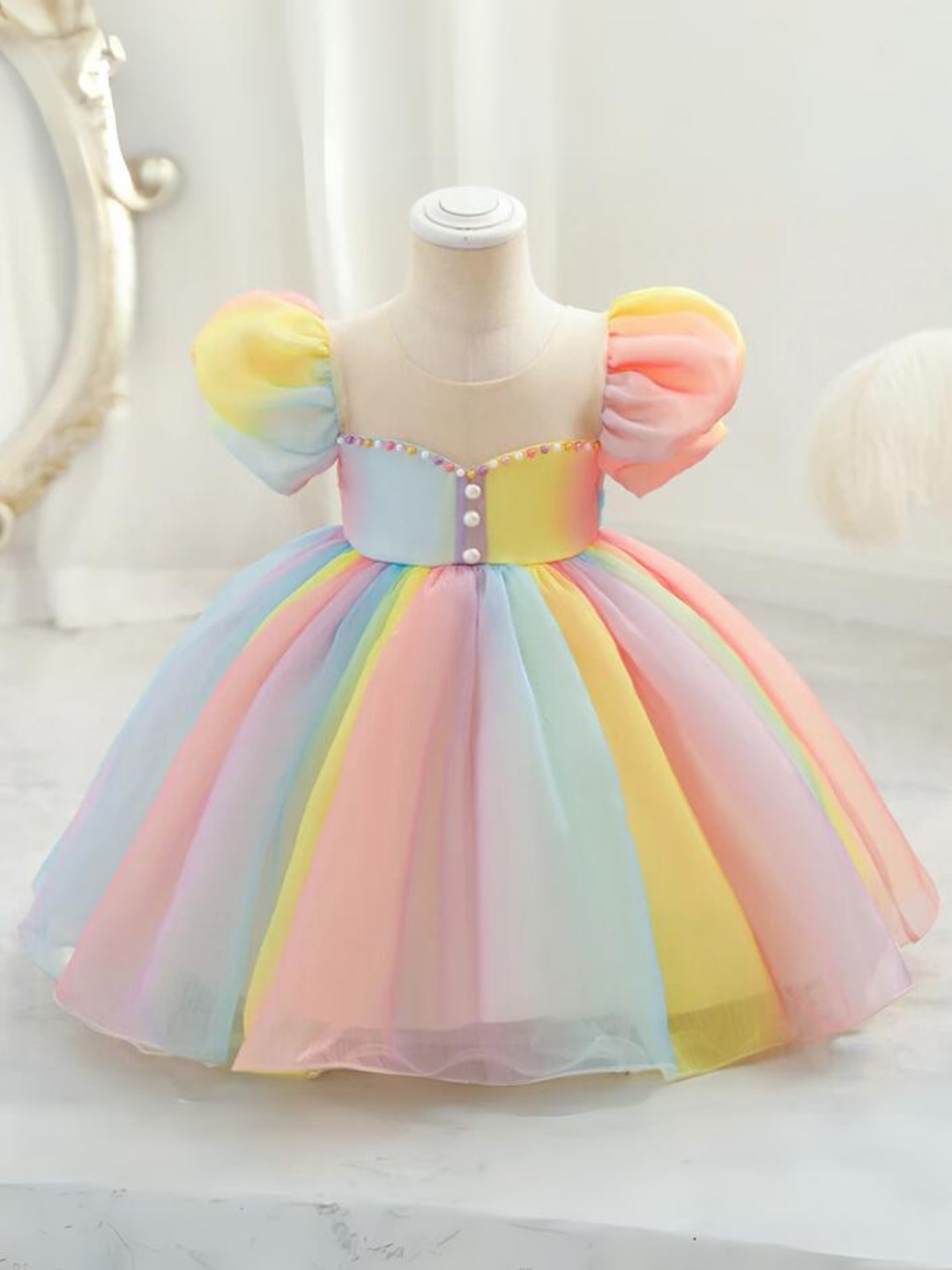 Over The Rainbow Puff Sleeve Tulle Gown Multicolor 18MON