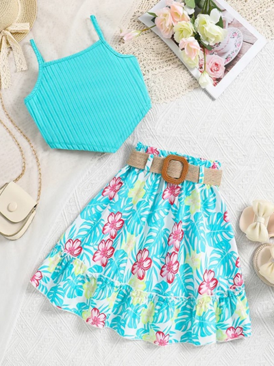 Aqua Crop Top And Floral Skirt Set | Summer Outfits | Mia Belle Girls