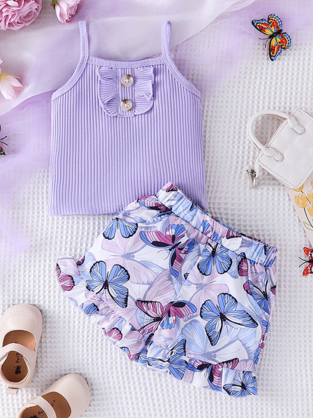 Flutter Free Purple Top And Butterfly Ruffle Shorts Set
