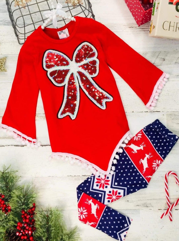 Girls Asymmetric Long Sleeve Ombre Pom Pom Tunic & Leggings Set - Navy / 2T/3T - Girls Christmas Set