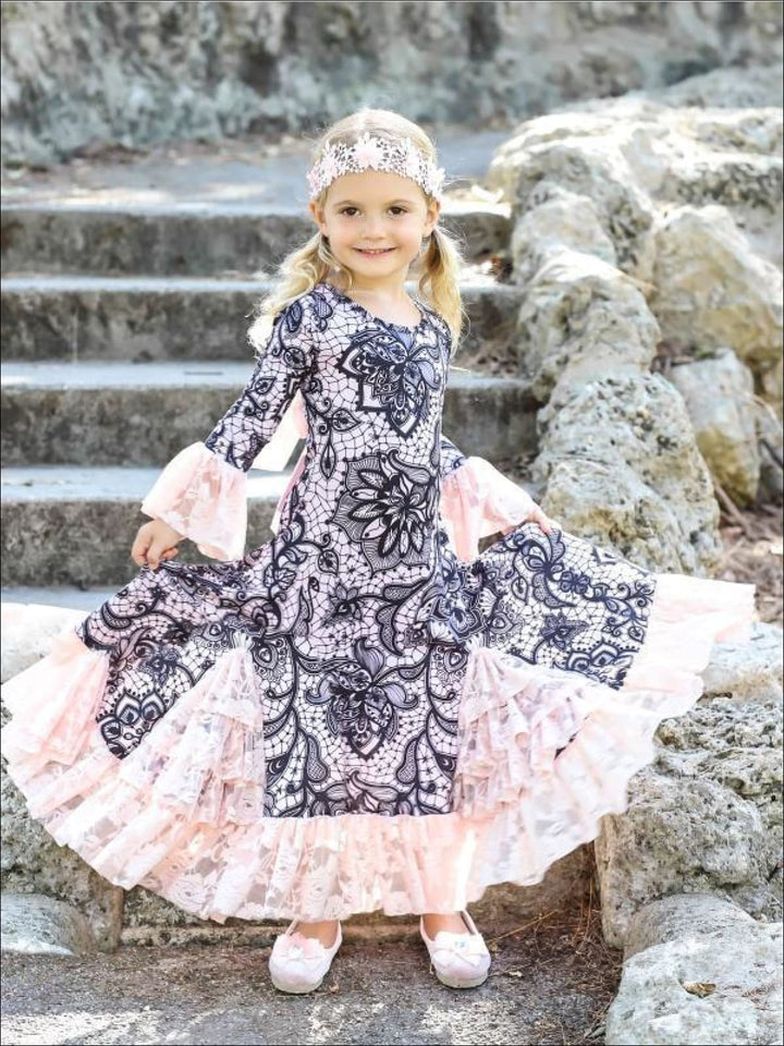 Winter Dressy Dresses | Floral Print Ruffle Lace Hem Maxi Dress