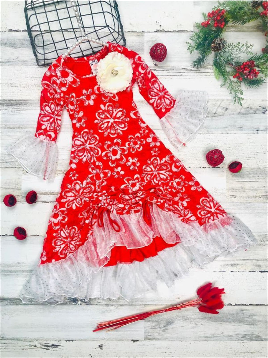 Winter Dressy Dresses | Girls Lace Hi-Lo Drawstring Ruffled Dress Mia Belle Girls Winter Dressy Dresses | Girls Lace Hi-Lo Drawstring Ruffled Dress Mia Belle Girls