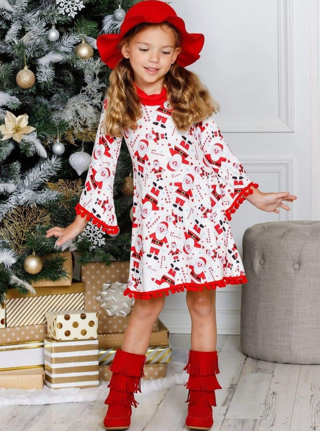 Girls Christmas Themed Long Sleeve Turtleneck A-Line Sweater Dress