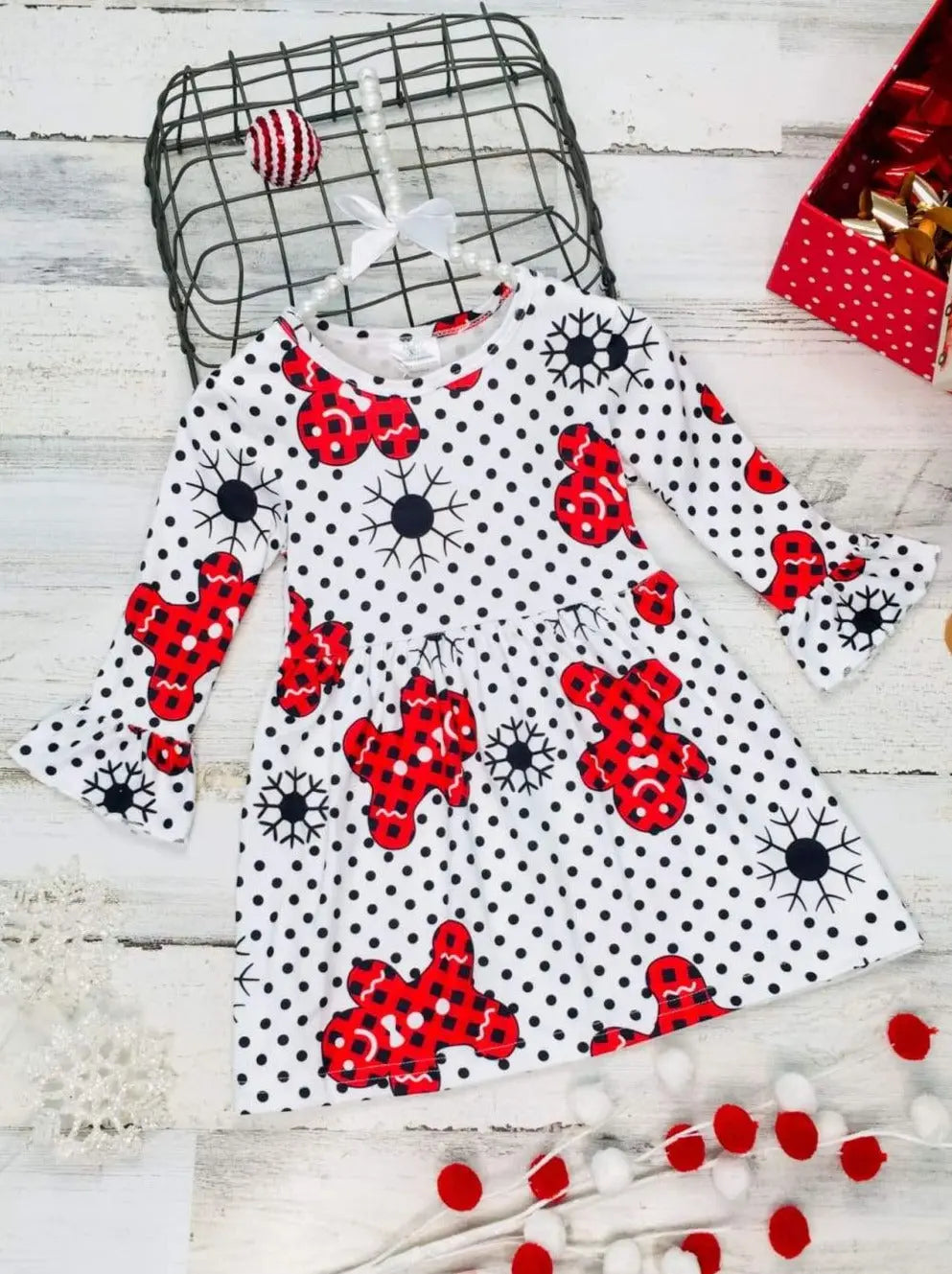 Christmas Dresses | Girls Flared Polka Dot Gingerbread Print Dress Mia Belle Girls Christmas Dresses | Girls Flared Polka Dot Gingerbread Print Dress Mia Belle Girls