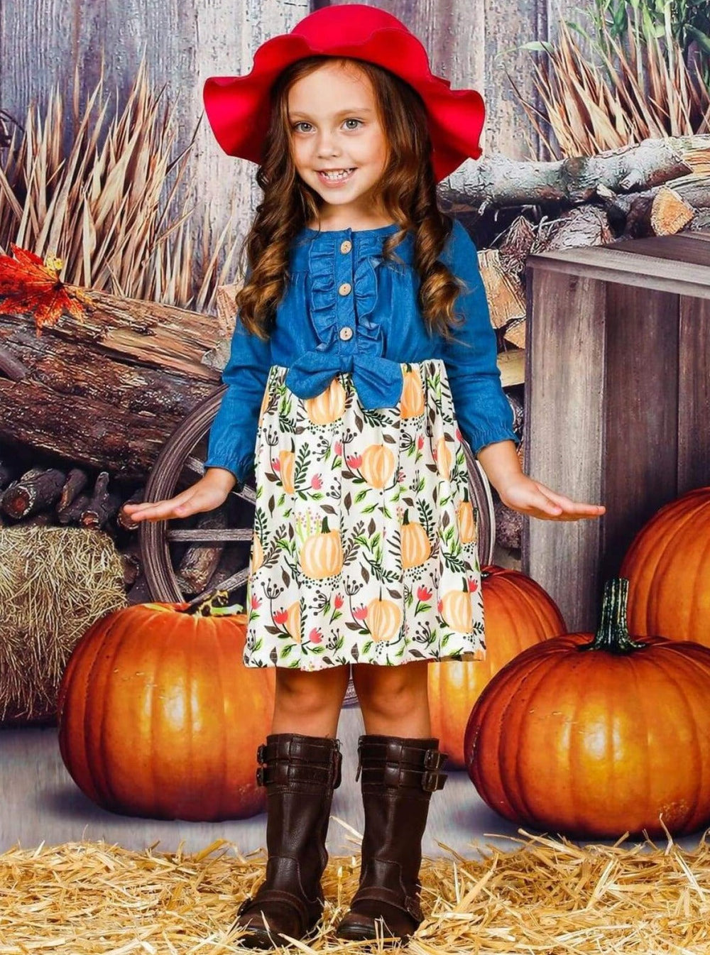 Girls Fall long-sleeve dress with a button-down chambray bodice and a pumpkin print skirt - Mia Belle Girls