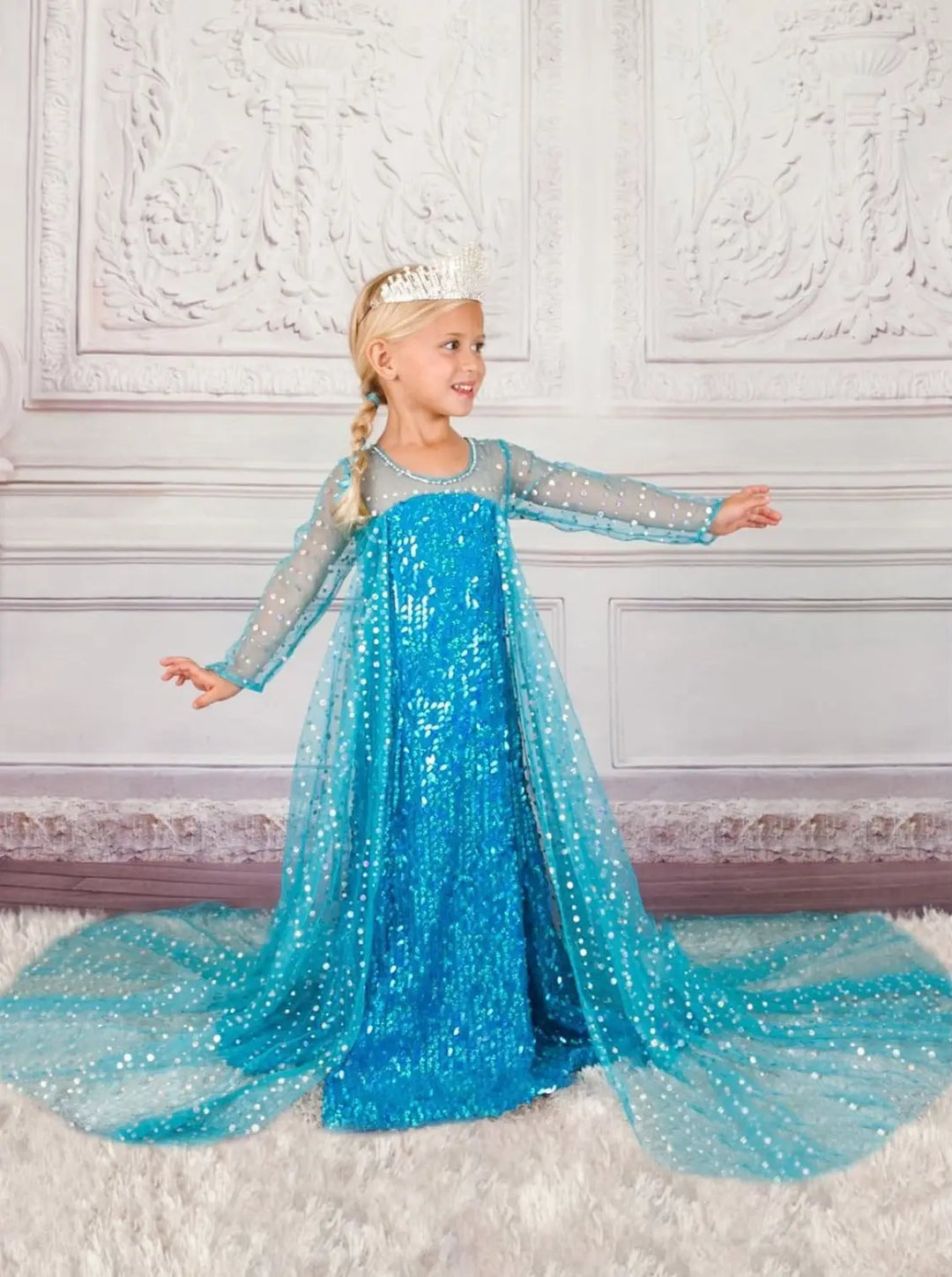 Halloween Costumes | Snow Queen Elsa Frozen Inspired Dazzle Gown with Train Costume | Mia Belle Girls Halloween Costumes | Snow Queen Elsa Frozen Inspired Dazzle Gown with Train Costume | Mia Belle Girls