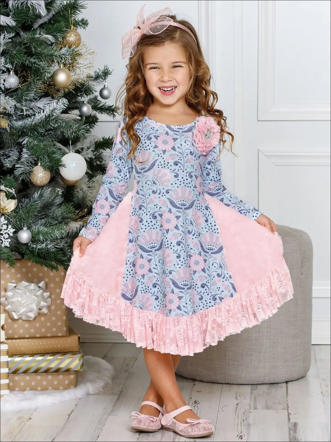 Ruffled Rosebud Lace Side Inserts Flare Dress Mia Belle Girls Ruffled Rosebud Lace Side Inserts Flare Dress Mia Belle Girls