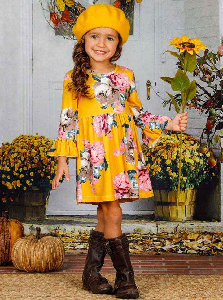 Girls Floral Ruffled Long Sleeve Dress - Girls Fall Casual Dress