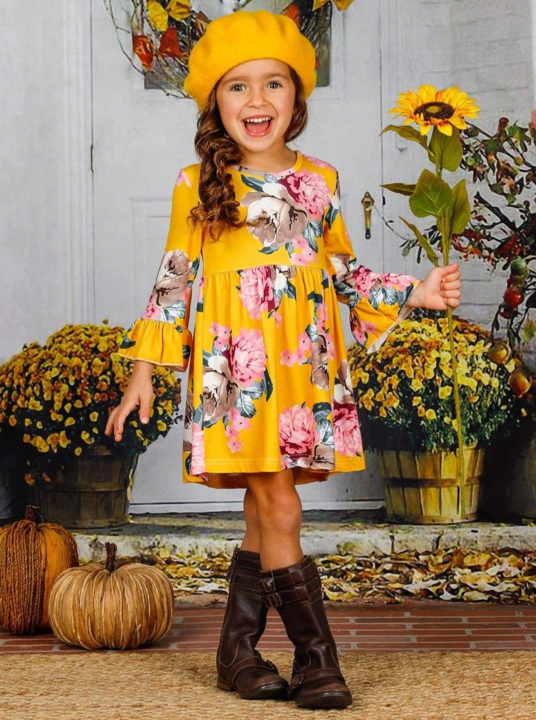 Girls Floral Ruffled Long Sleeve Dress - Girls Fall Casual Dress