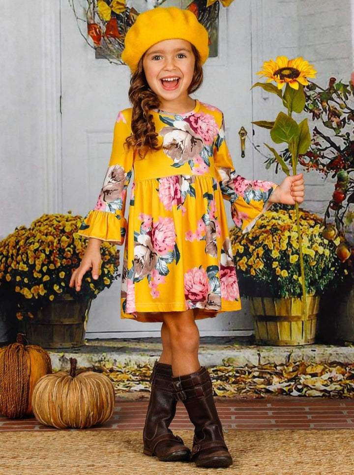Girls Floral Ruffled Long Sleeve Dress - Girls Fall Casual Dress