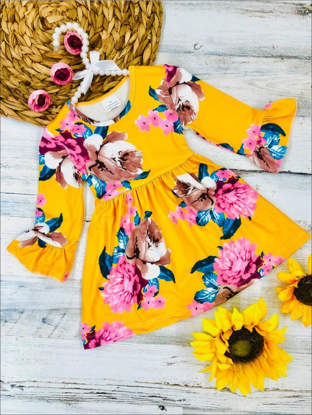 Girls Floral Ruffled Long Sleeve Dress - Yellow / 3T - Girls Fall Casual Dress