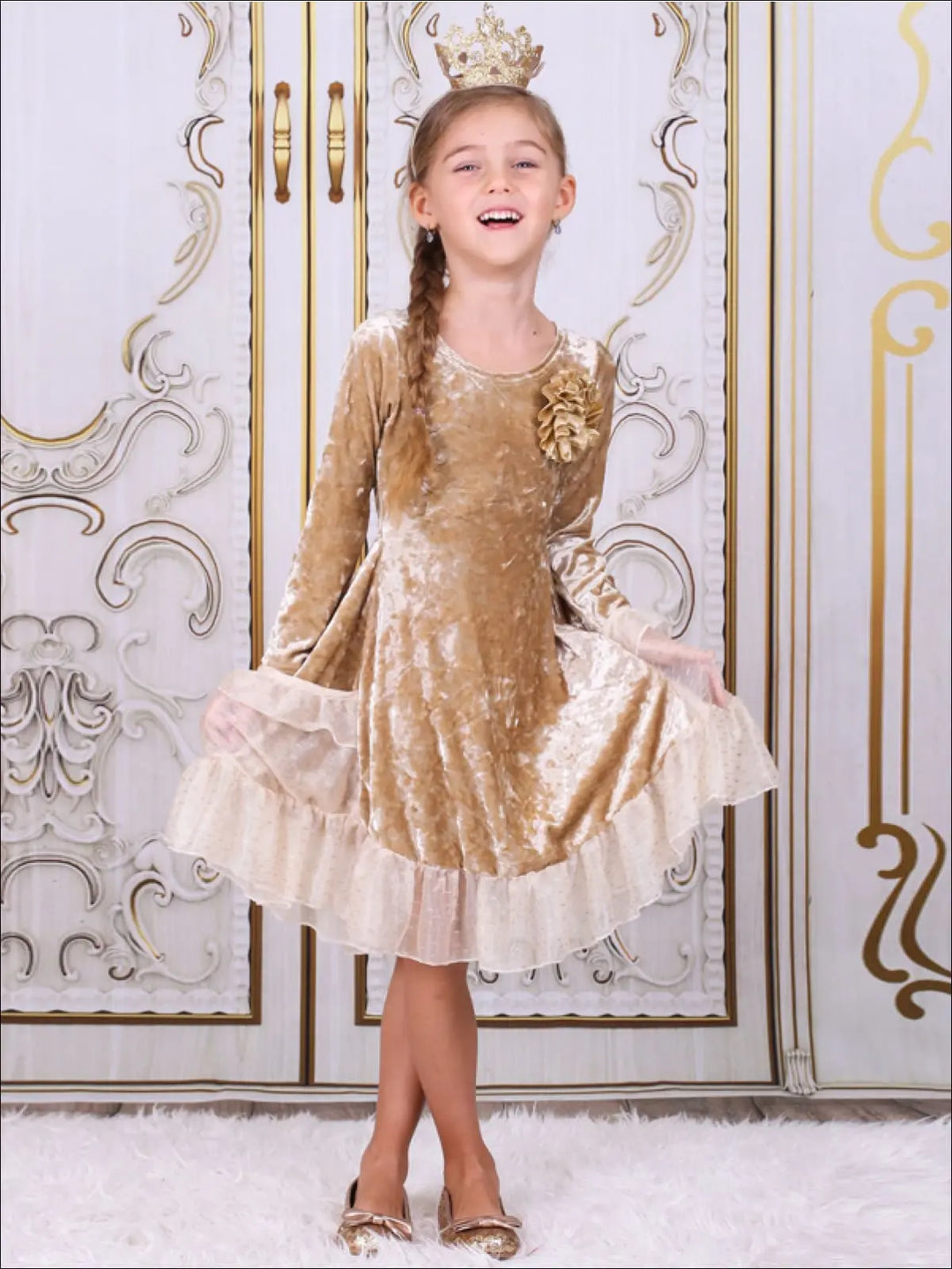 Gold Velvet Ruffled Pockets Princess Dress Mia Belle Girls Gold Velvet Ruffled Pockets Princess Dress Mia Belle Girls