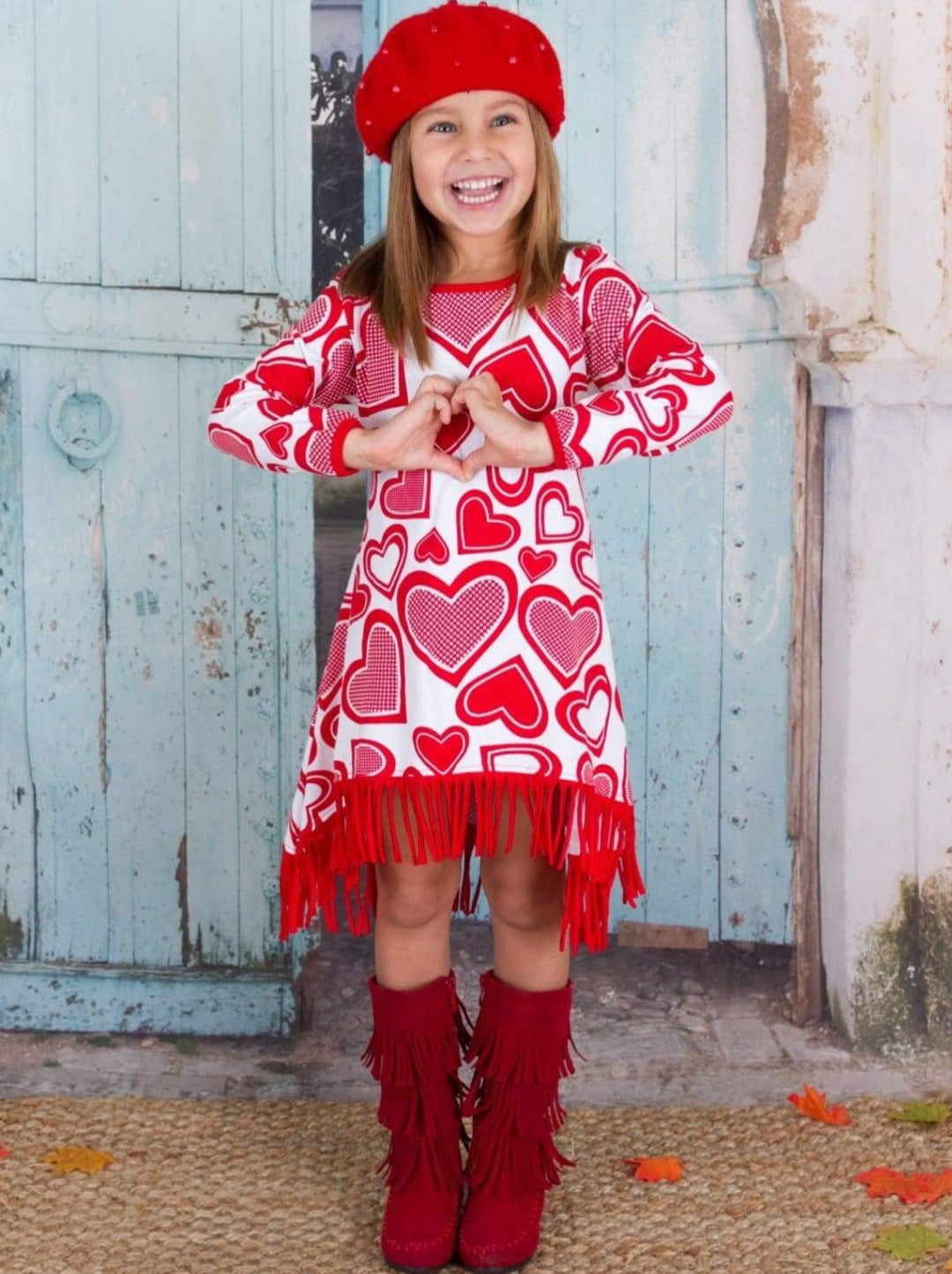 Girls Heart Themed Long Sleeve Printed Fringe Hem Dress - Girls Fall Casual Dress