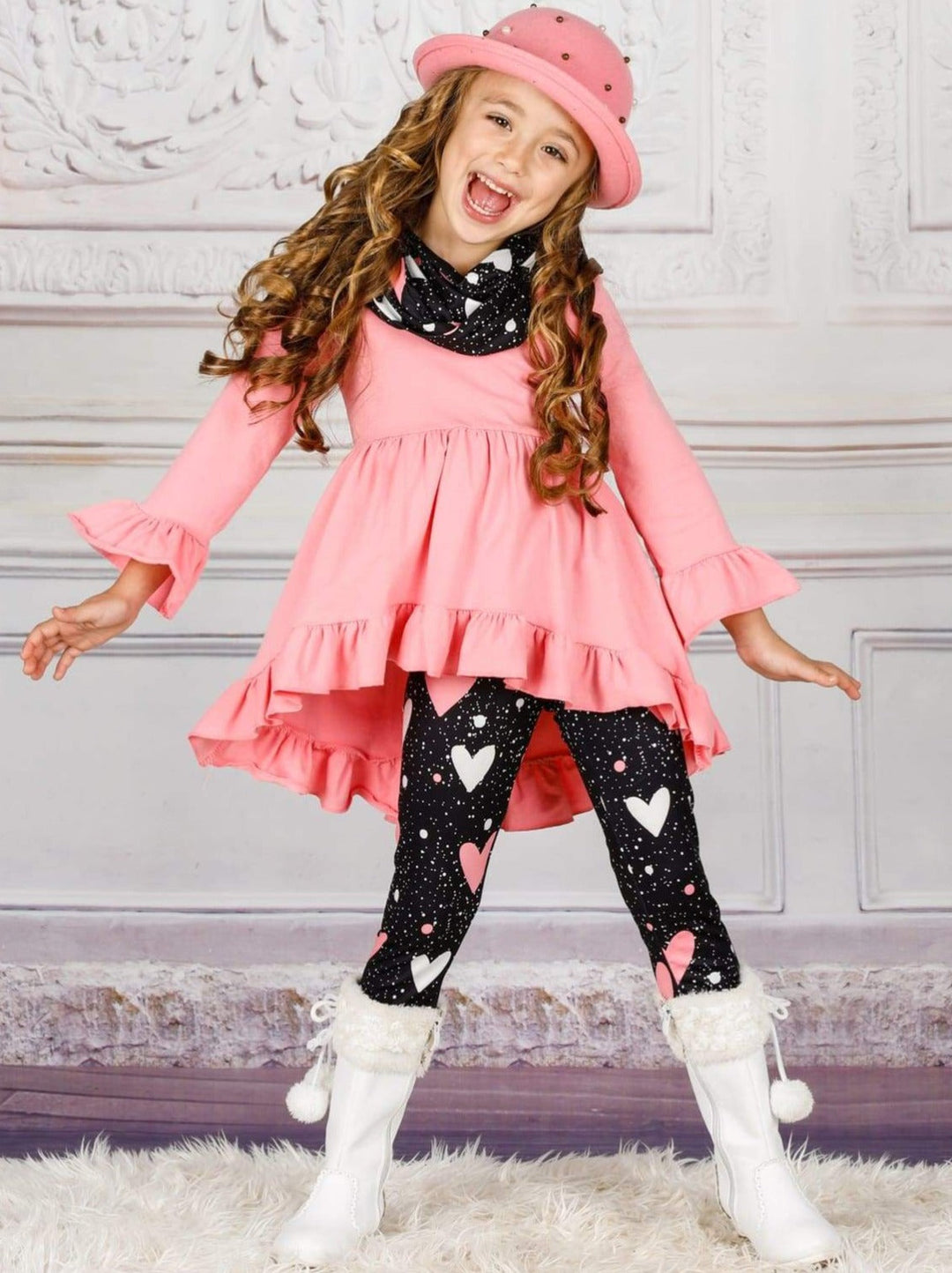 Toddler Valentine's Outfit Heart Print Tunic, Scarf And Legging