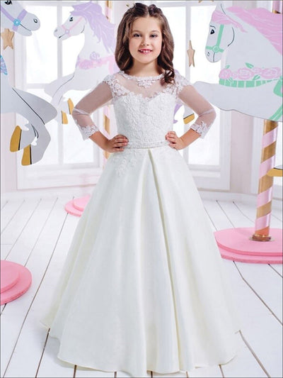 Mia Belle Girls Communion Dresses | White Sheer Sleeve Pleated Gown