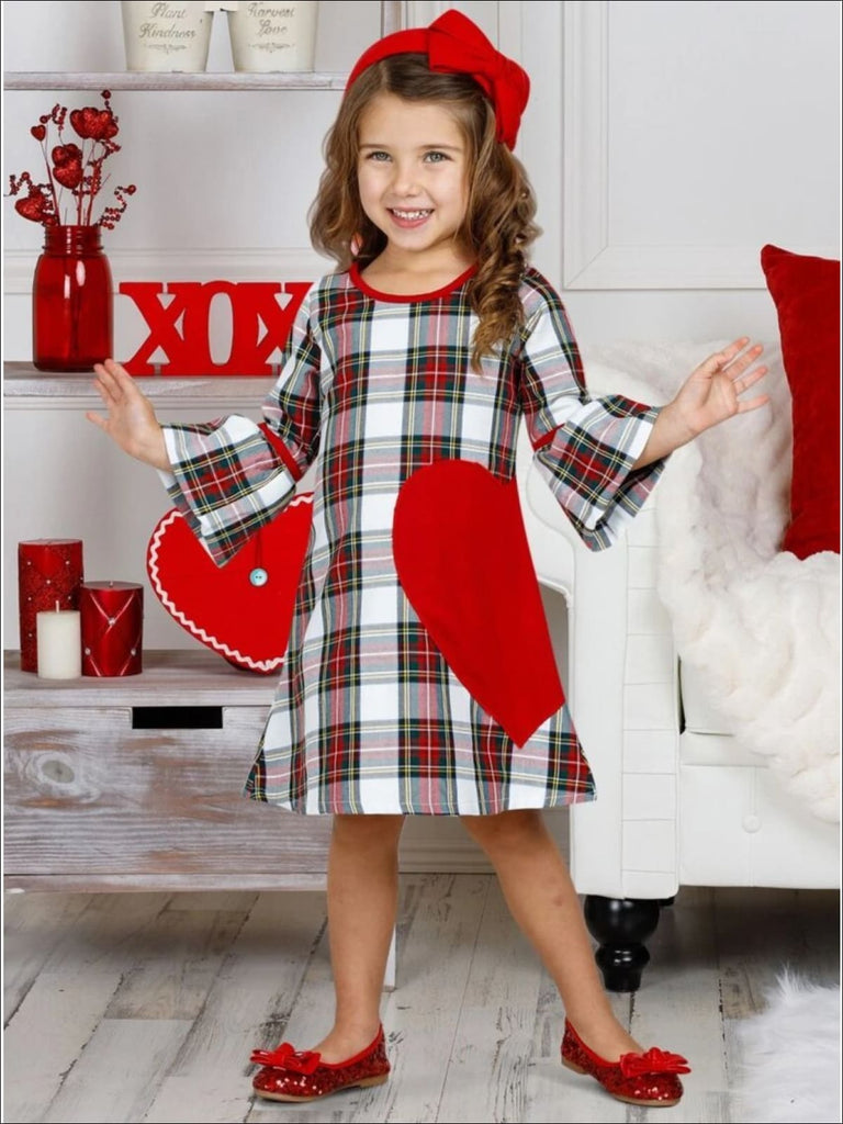 Girls Valentine's Day Dress Plaid Bell Sleeve Heart Applique Dress