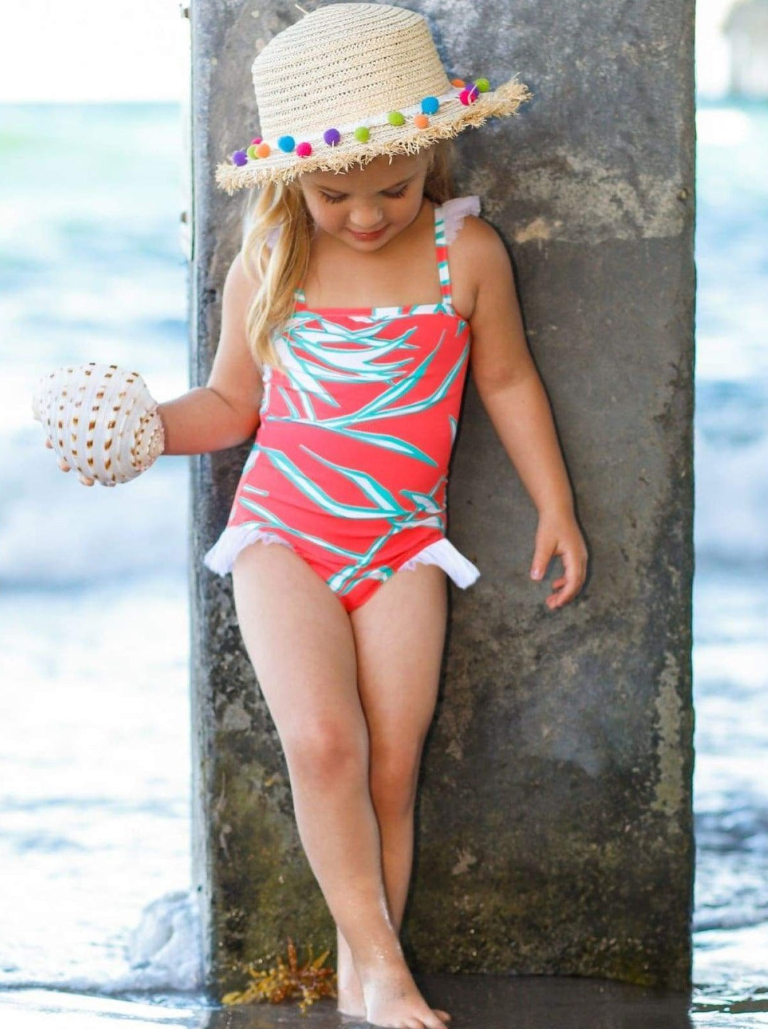 Kids Swimsuits Girls Flutter Sleeve Side Ruffles One-Piece