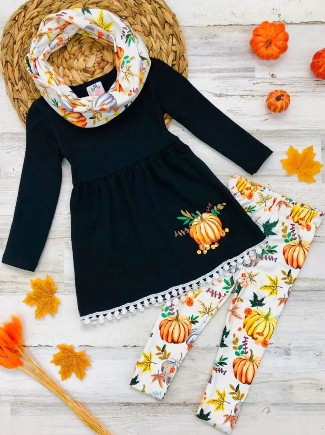 Cute Outfits For Girls | Fall Pumpkin Tunic, Legging And Scarf Set ...