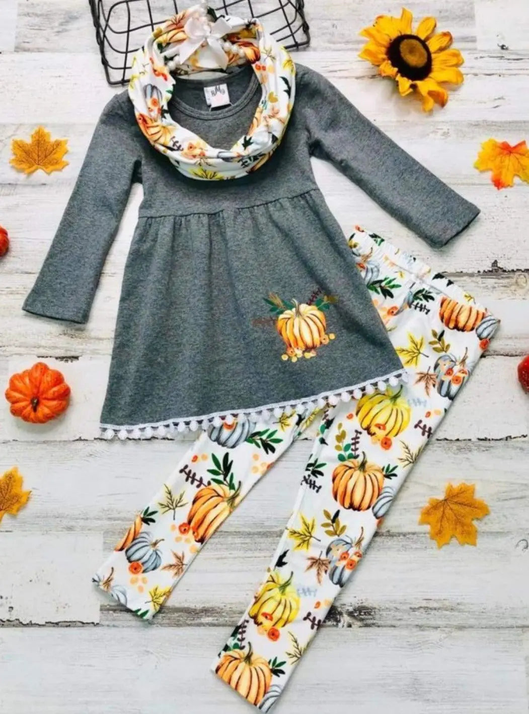 Cute Outfits For Girls | Fall Pumpkin Tunic, Legging And Scarf Set ...