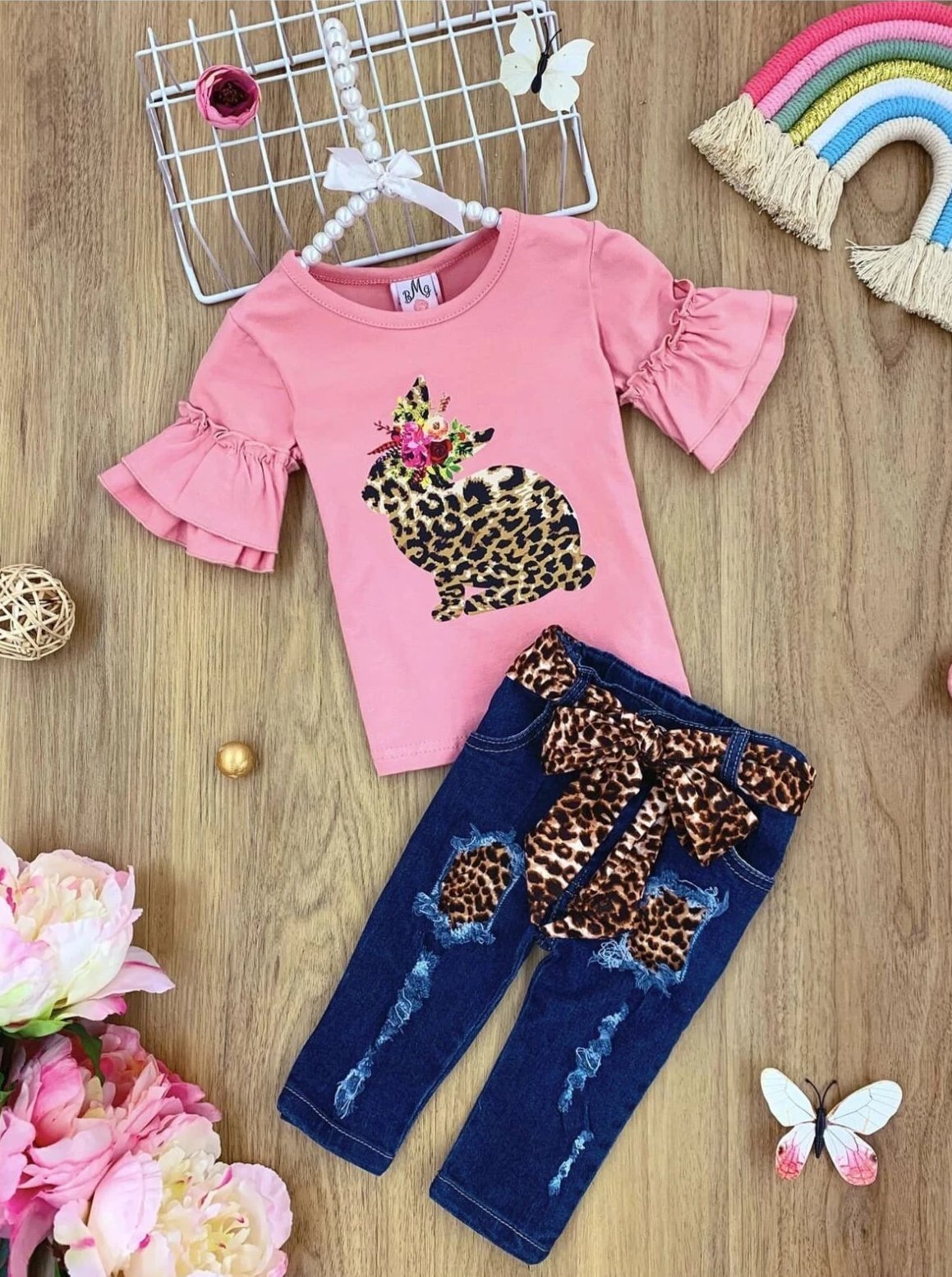Girls Bunny Beauties Ruffle Sleeve Top and Patched Denim Capris Set ...