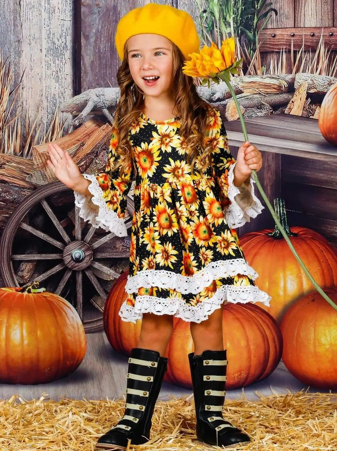Girls Fall Dresses | Sunflower Crochet Ruffle Dress - Mia Belle Girls Girls Fall Dresses | Sunflower Crochet Ruffle Dress - Mia Belle Girls