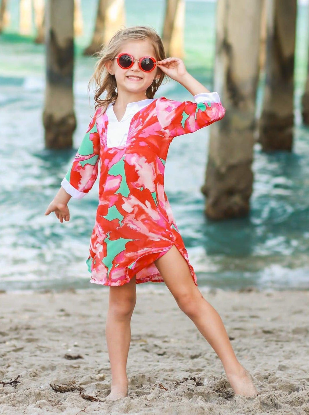 Kids Resort Swimwear Girls V-Neck Floral Print Caftan Cover Up