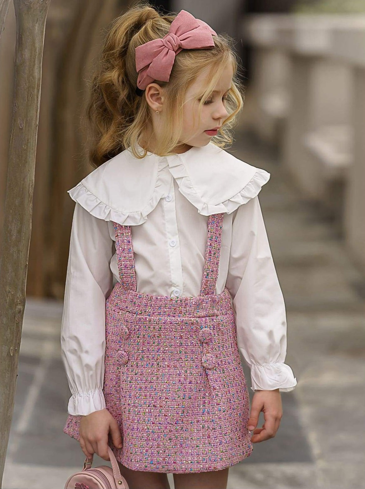 Mia Belle Girls Blouse And Tweed Overall Skirt Set | Easter Sets