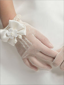 Girls White Pearled Bow Fishnet Gloves