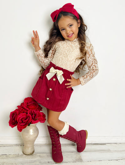 Mia Belle Girls Lace Top and Red Skirt Set | Girls Fall Clothes