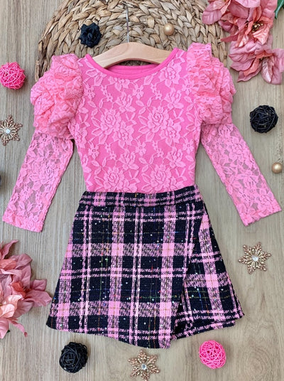 Mia Belle Girls Pink Lace Top & Plaid Skort Set | Cute Winter Outfits