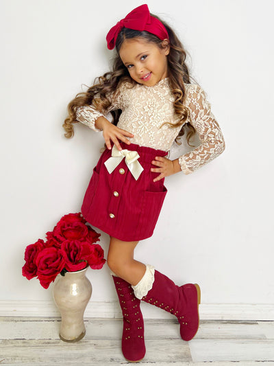 Mia Belle Girls Lace Top and Red Skirt Set | Girls Fall Clothes