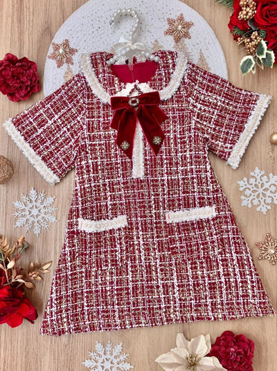 Mia Belle Girls Red Plaid Tweed Dress | Girls Winter Dresses