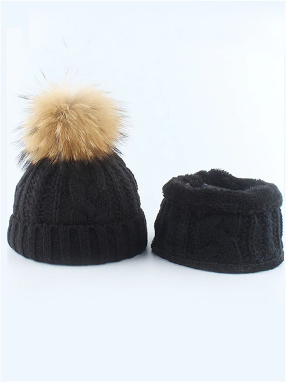 Kids Cable Knit Pom Pom Beanie with Neck Scarf - Black - Girls Hats