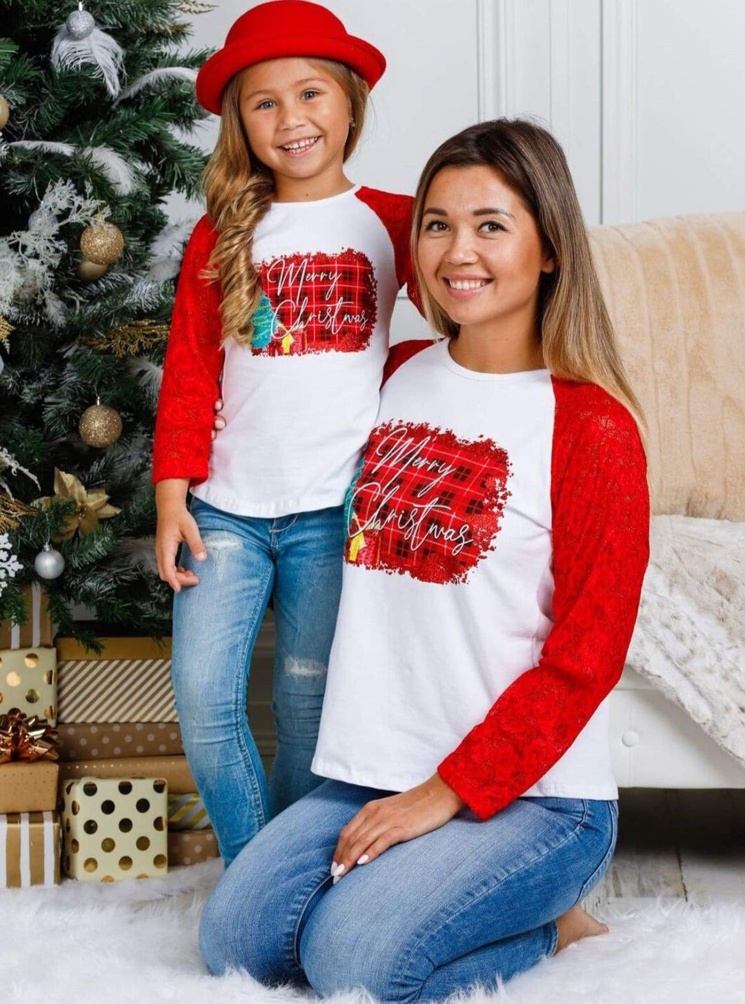 Mommy and Me Matching Tops Merry Christmas Raglan Lace Tops