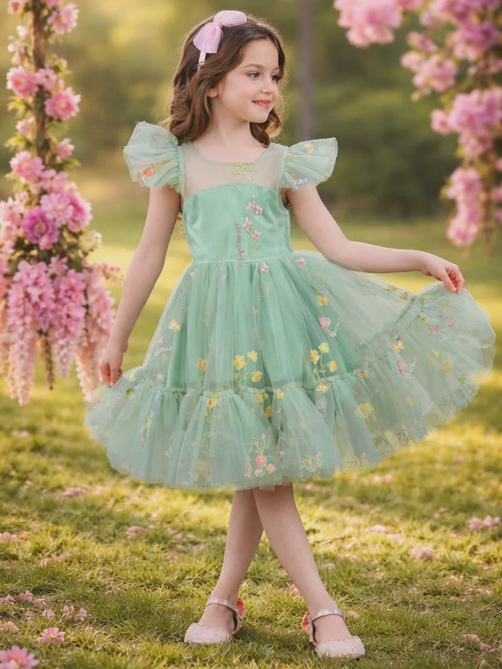 Emerald Fairy Garden Embroidered Floral Tutu Dress