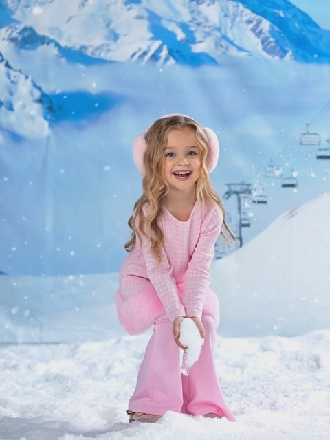 Snowflake Prep Fur Trim Pink Houndstooth Top and Flare Pant Set