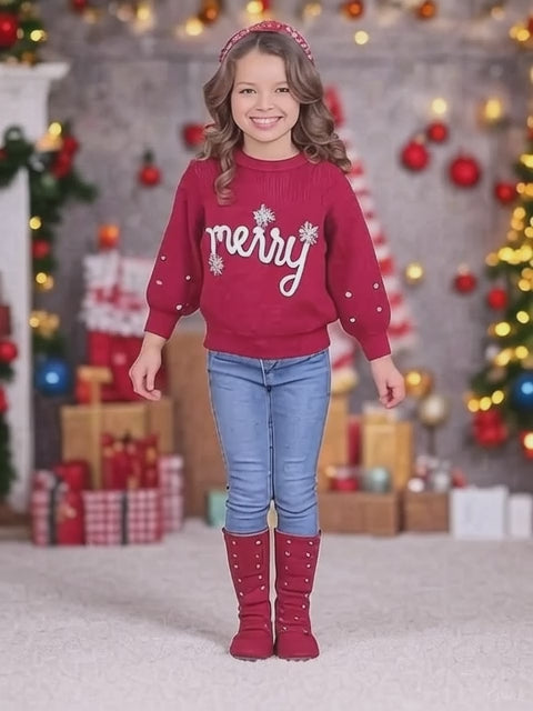 Girls Snowflake Merry Christmas Sweater