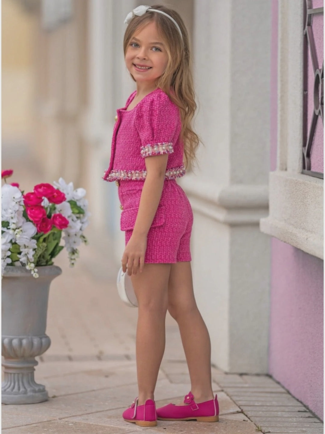 Pint-Sized CEO Puff Sleeve Tweed Top and Short Set
