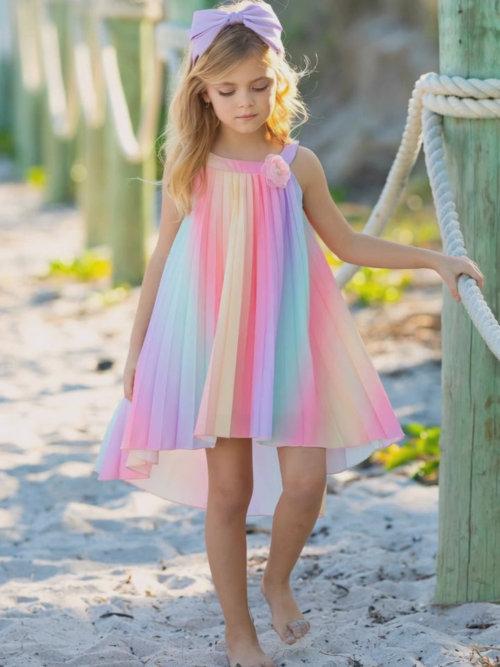 Rainbow Pleated Hi-Lo Swing Dress