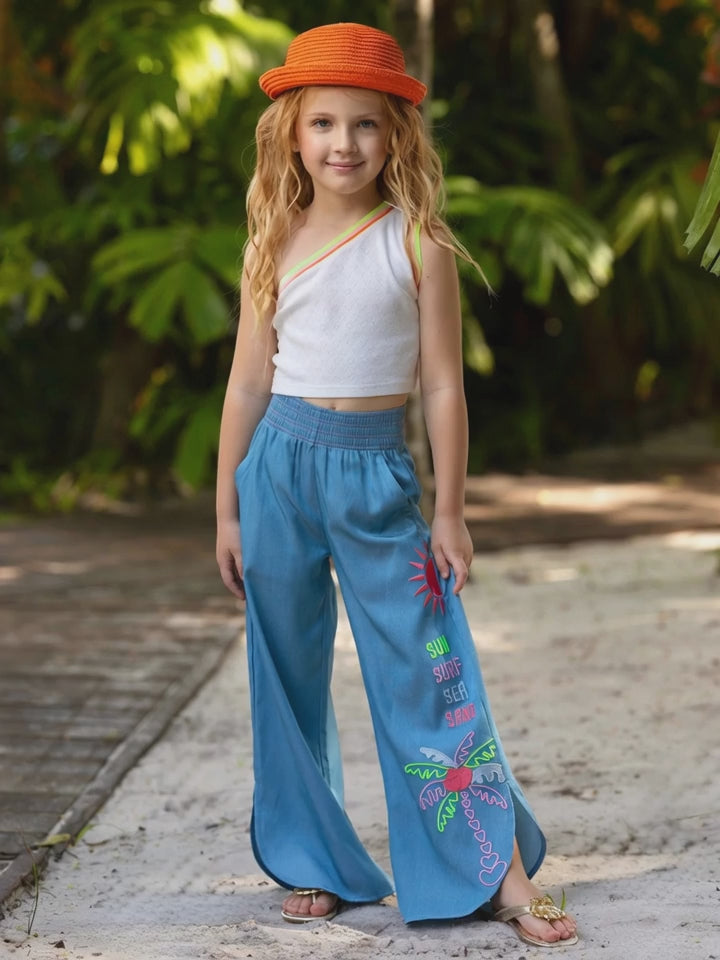 Sun Glow One-Shoulder Top & Embroidered Pant Set