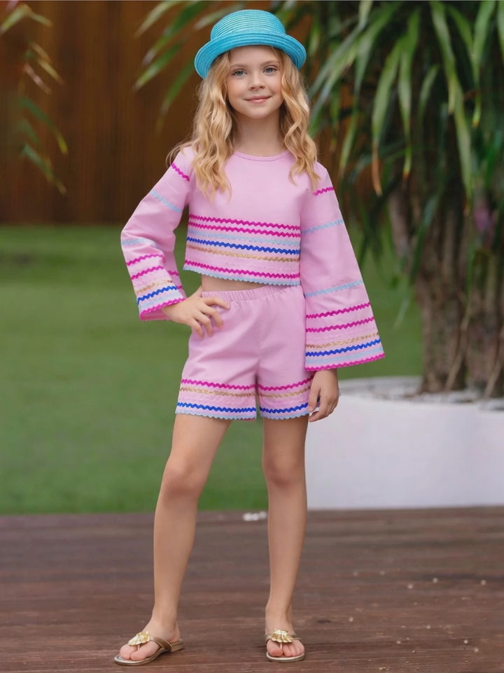 Sunset Waves Luxe Cotton Bell Sleeve Top and Short Set