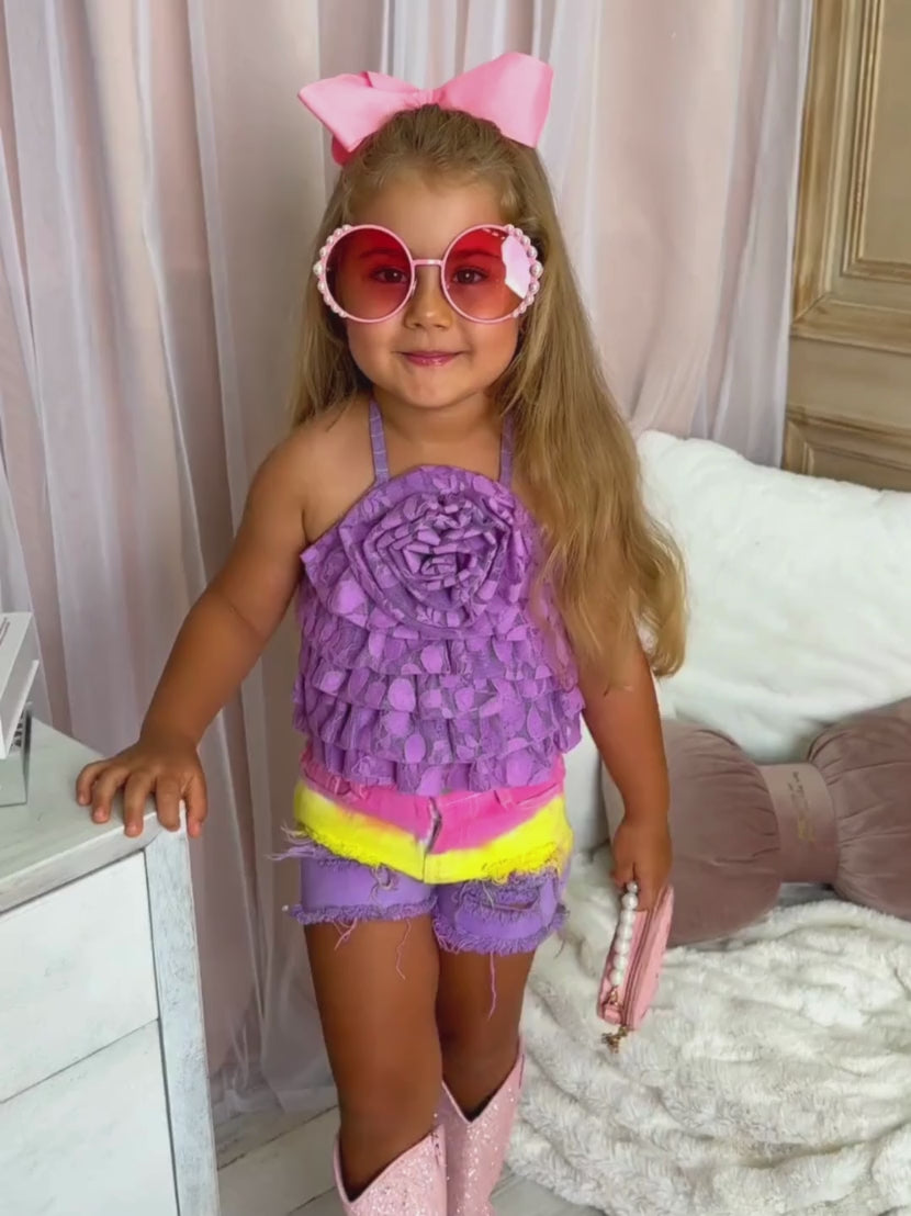 Mia Belle Girls Purple Rose Tiered Top & Denim Short Set | Resort Wear