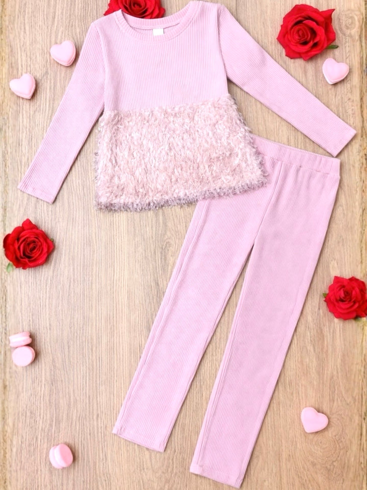 Cozy Couture Pink Feather Top and Ribbed Pant Set