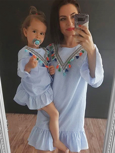 Mommy and Me | Matching Dresses | Blue Tassel Trim Boho Chic Dress 