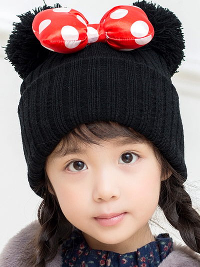 Girls Little Miss Mouse Polka Dot Bow Bobble Hat